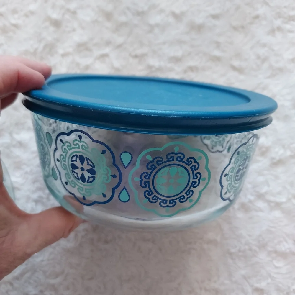 Pyrex Simply Store Decorated Glass Storage Containers Medallion 4 pcs MCM Retro
